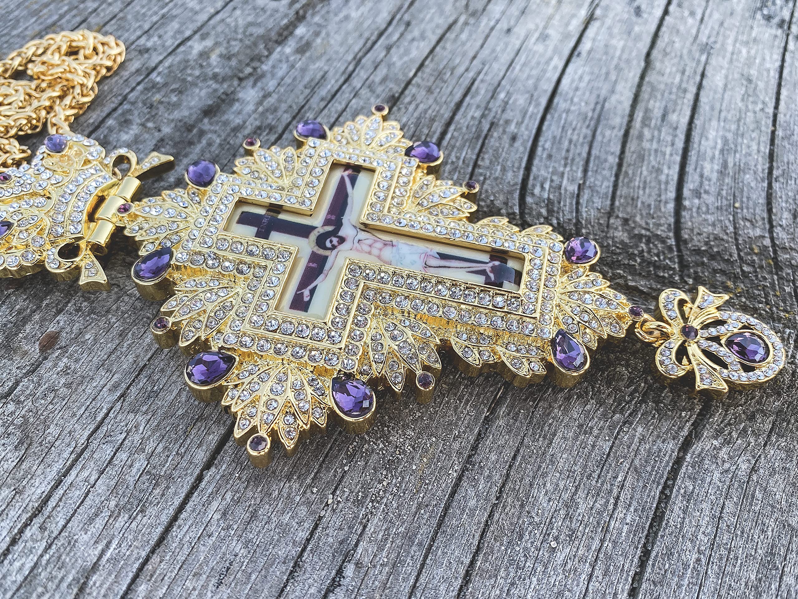 Nazareth Store 18K Gold Plated Pectoral Cross Multi Zircons Crystallized Elements Christian Priest Bishop Large Crucifix Pendant with Necklace 24" - Image 3