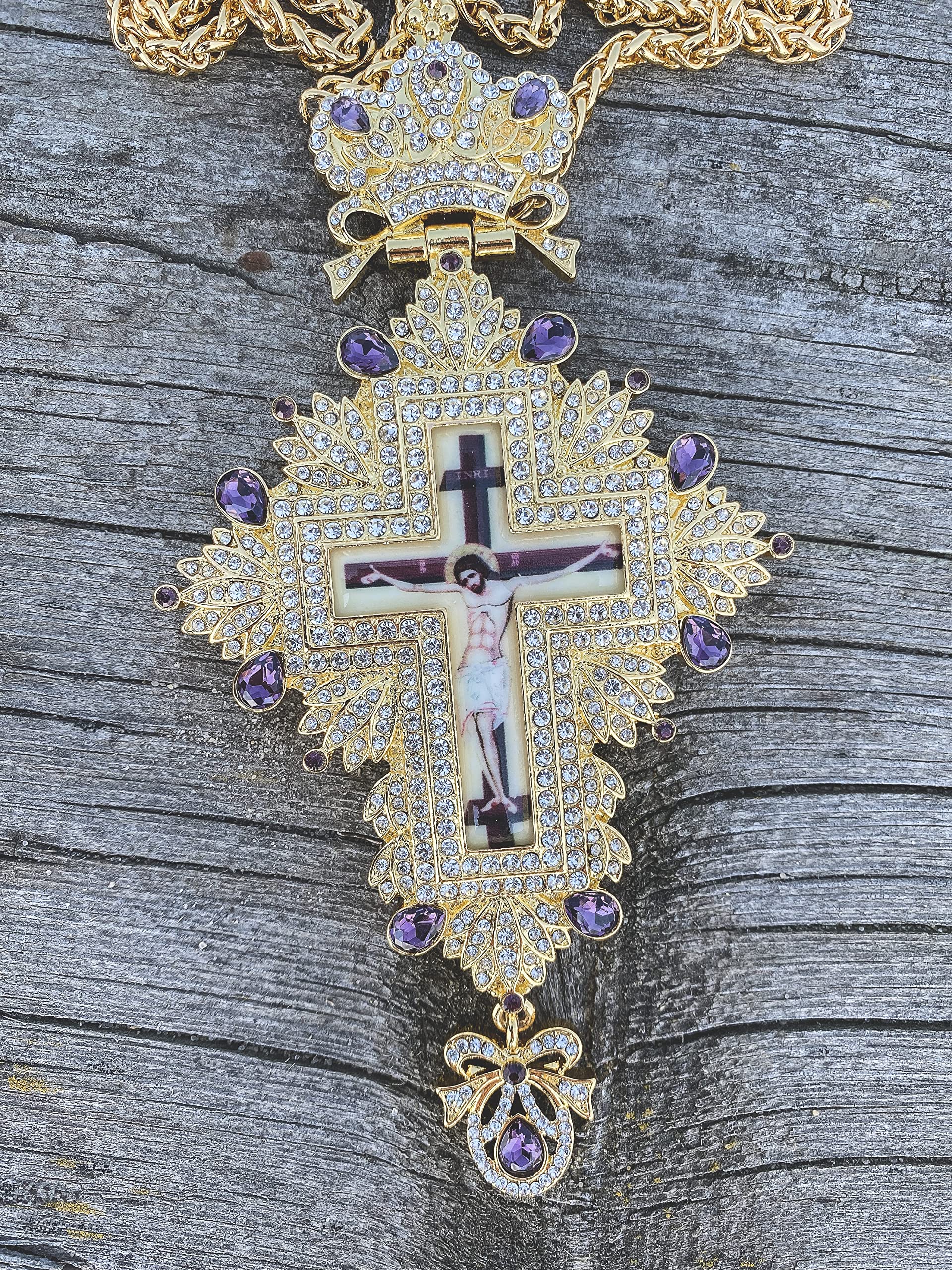 Nazareth Store 18K Gold Plated Pectoral Cross Multi Zircons Crystallized Elements Christian Priest Bishop Large Crucifix Pendant with Necklace 24" - Image 5