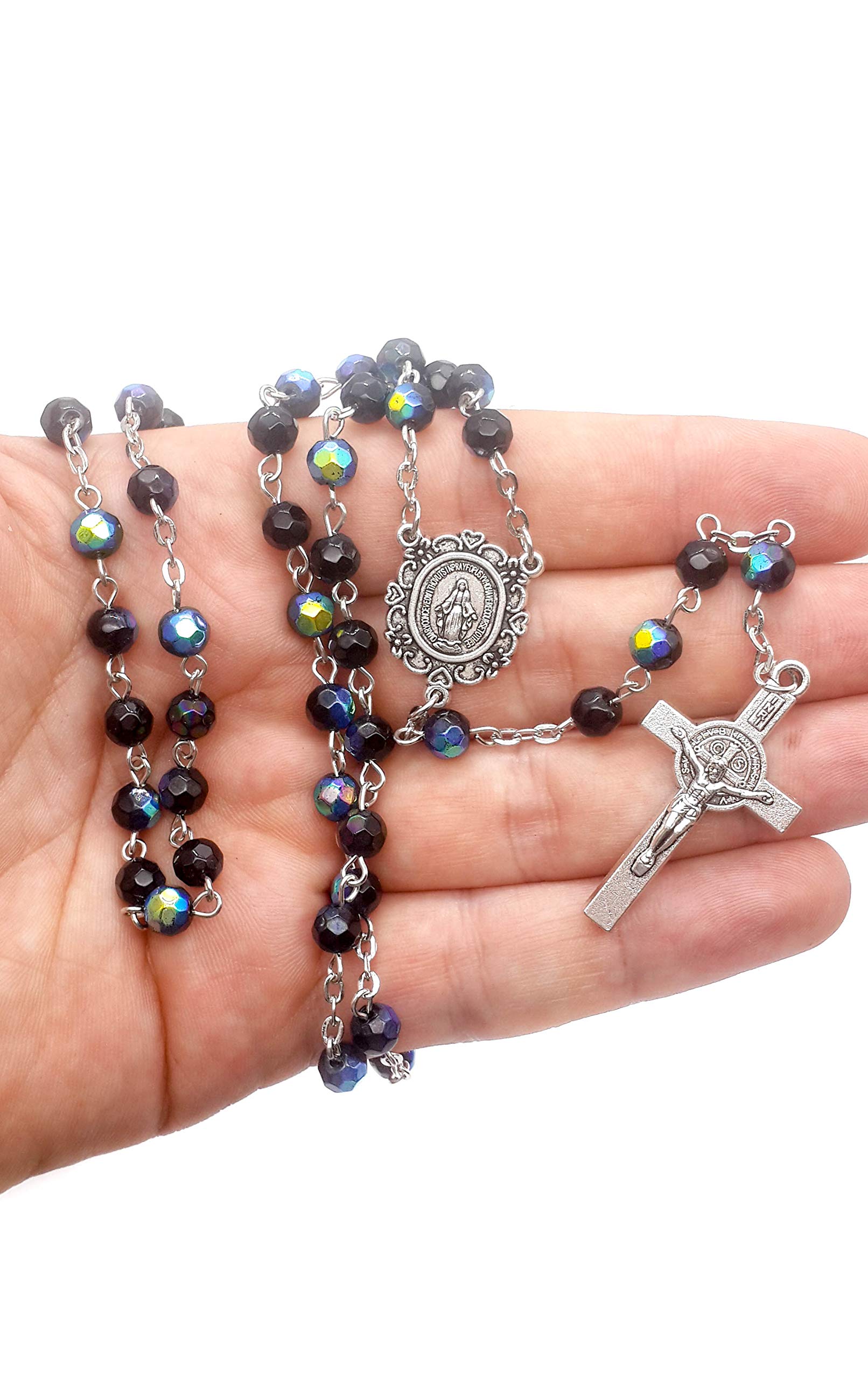 Nazareth Store Blue Crystal Beads Saint Benedict Rosary Sheen Beaded Necklace Miraculous Medal and St.Benedict Cross - Image 5