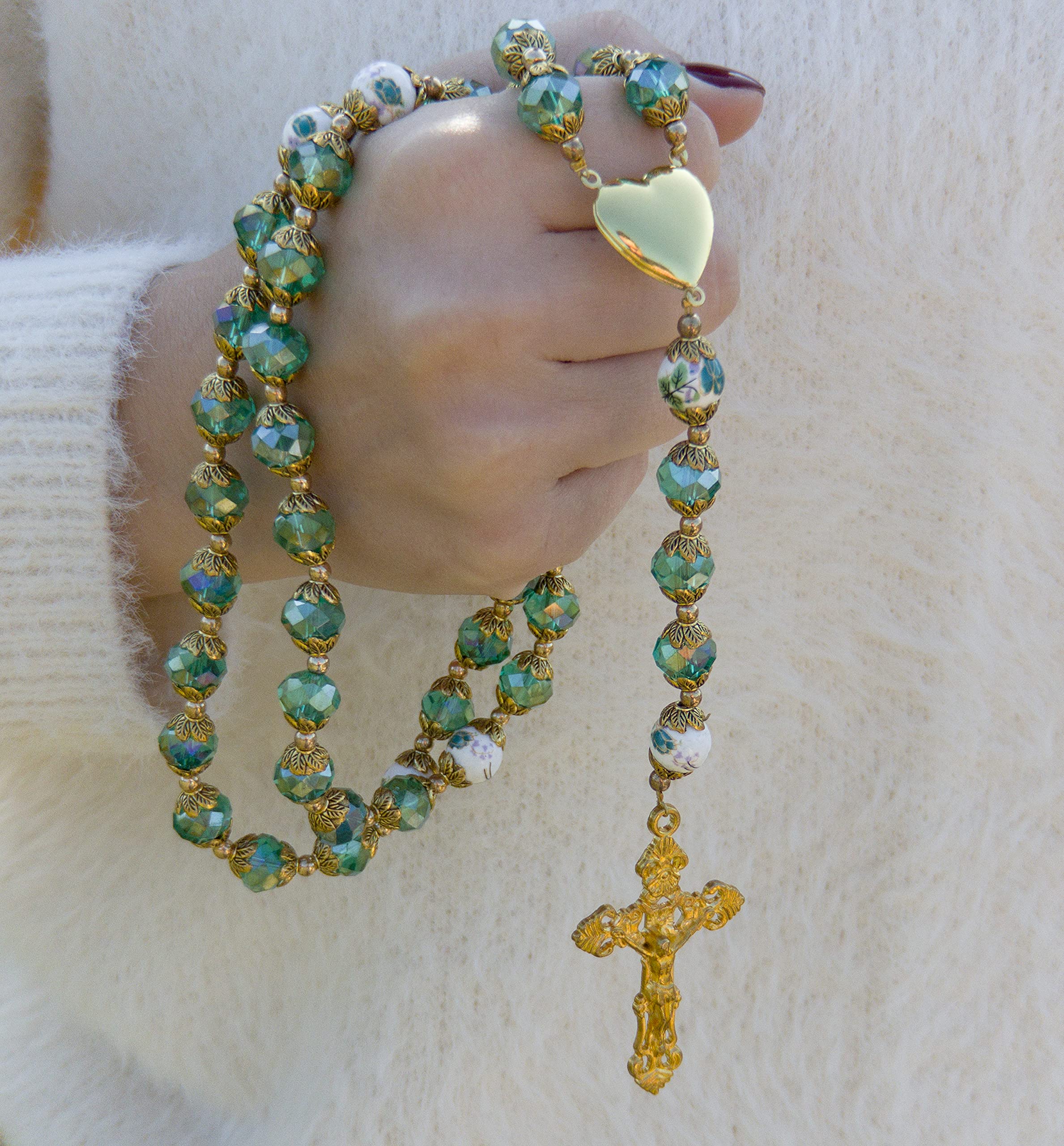 Nazareth Store Catholic Green Crystal Beads 10mm Rosary Flowers Beaded Necklace Miraculous Heart Locket Medal & Cross Religious Women Men Amulet 21" in Velvet Bag - Image 4