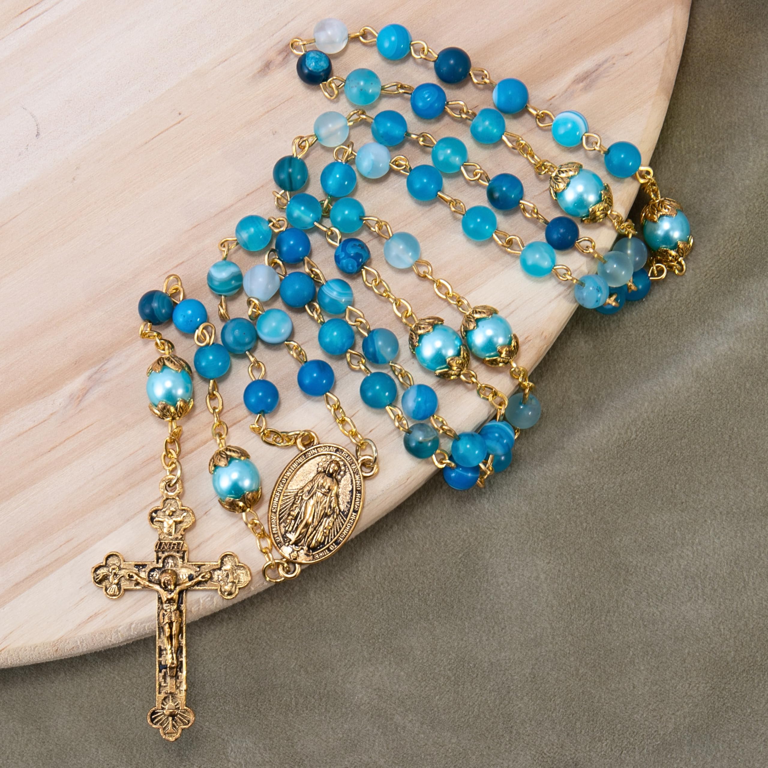 Nazareth Store Catholic Rosary Necklace Matte Stone Beads Green Pearl Round Beads Miraculous Medal & Cross - Velvet Bag - Image 6