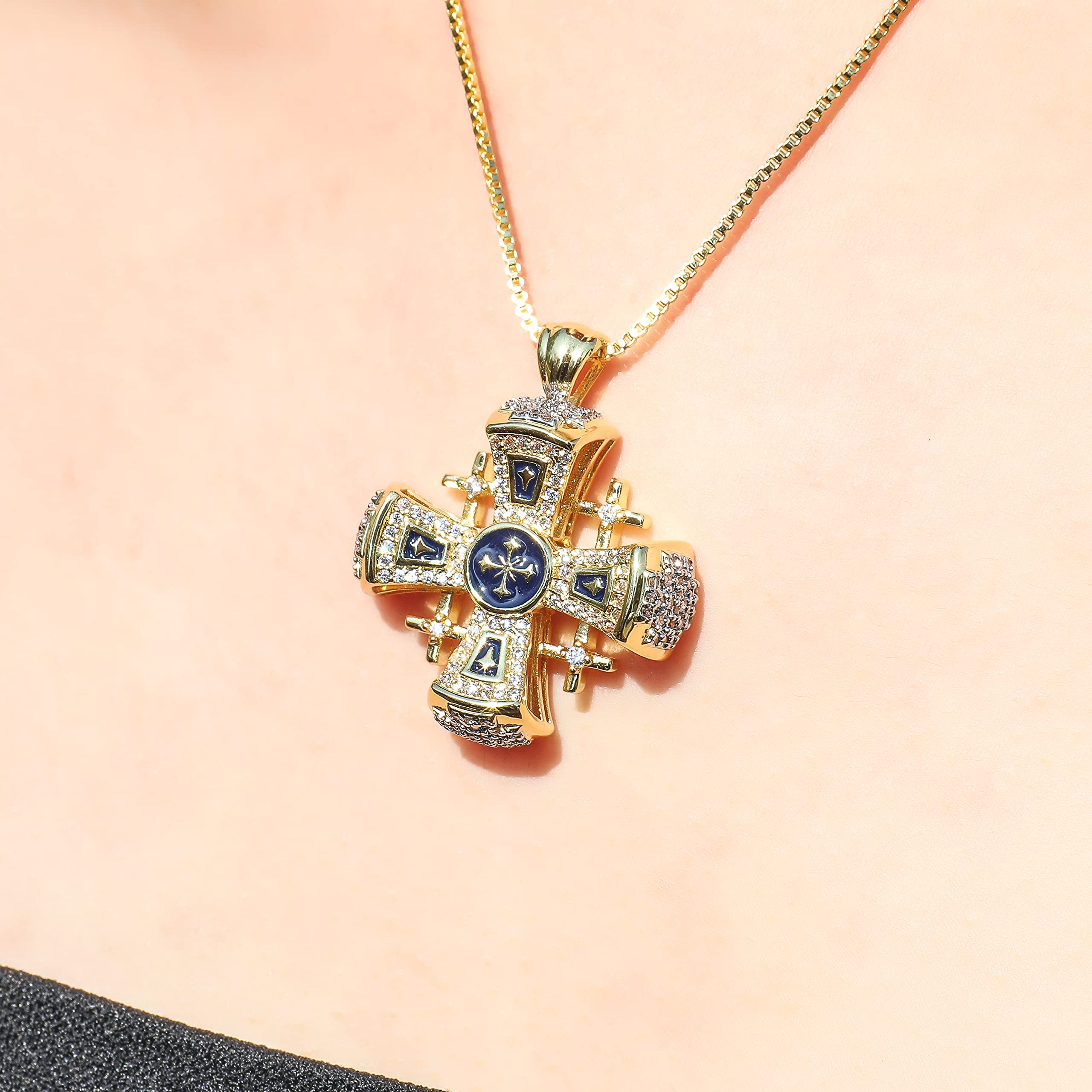 Nazareth Store Crusaders Jerusalem Cross Pendant Necklace Gold Plating 18k Enamel Crystallized Stones 1.3" - Image 8