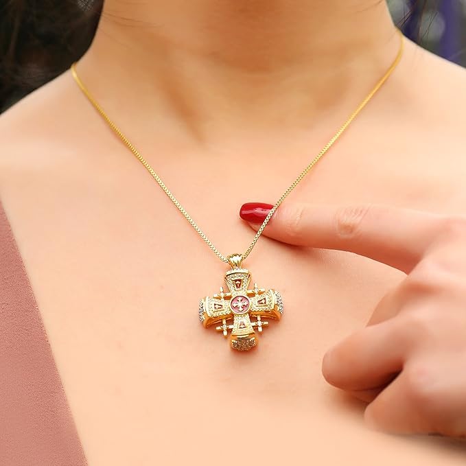 Nazareth Store Crusaders Jerusalem Cross Pendant Necklace Gold Plating 18k Enamel Crystallized Stones 1.3" - Image 3