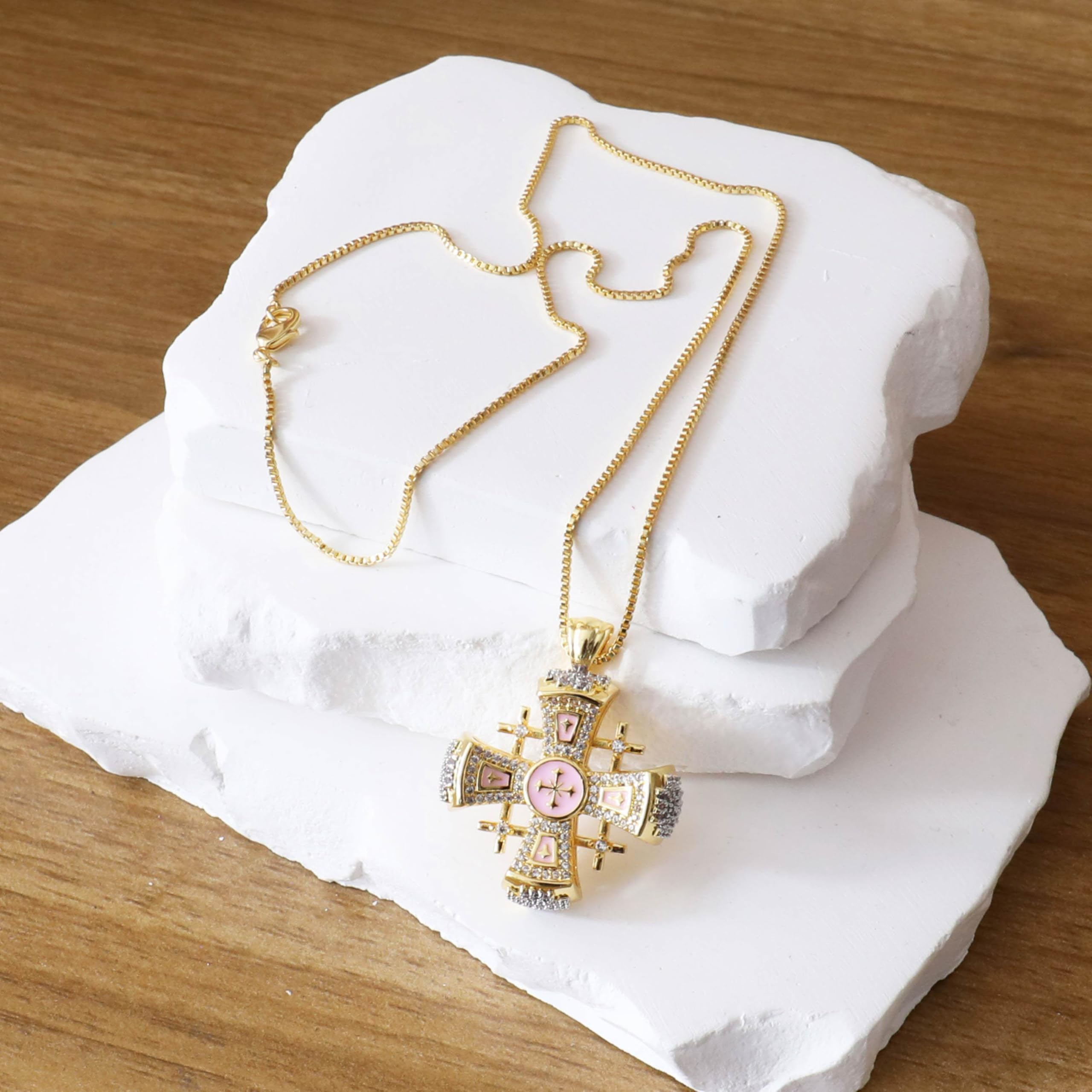 Nazareth Store Crusaders Jerusalem Cross Pendant Necklace Gold Plating 18k Enamel Crystallized Stones 1.3" - Image 5