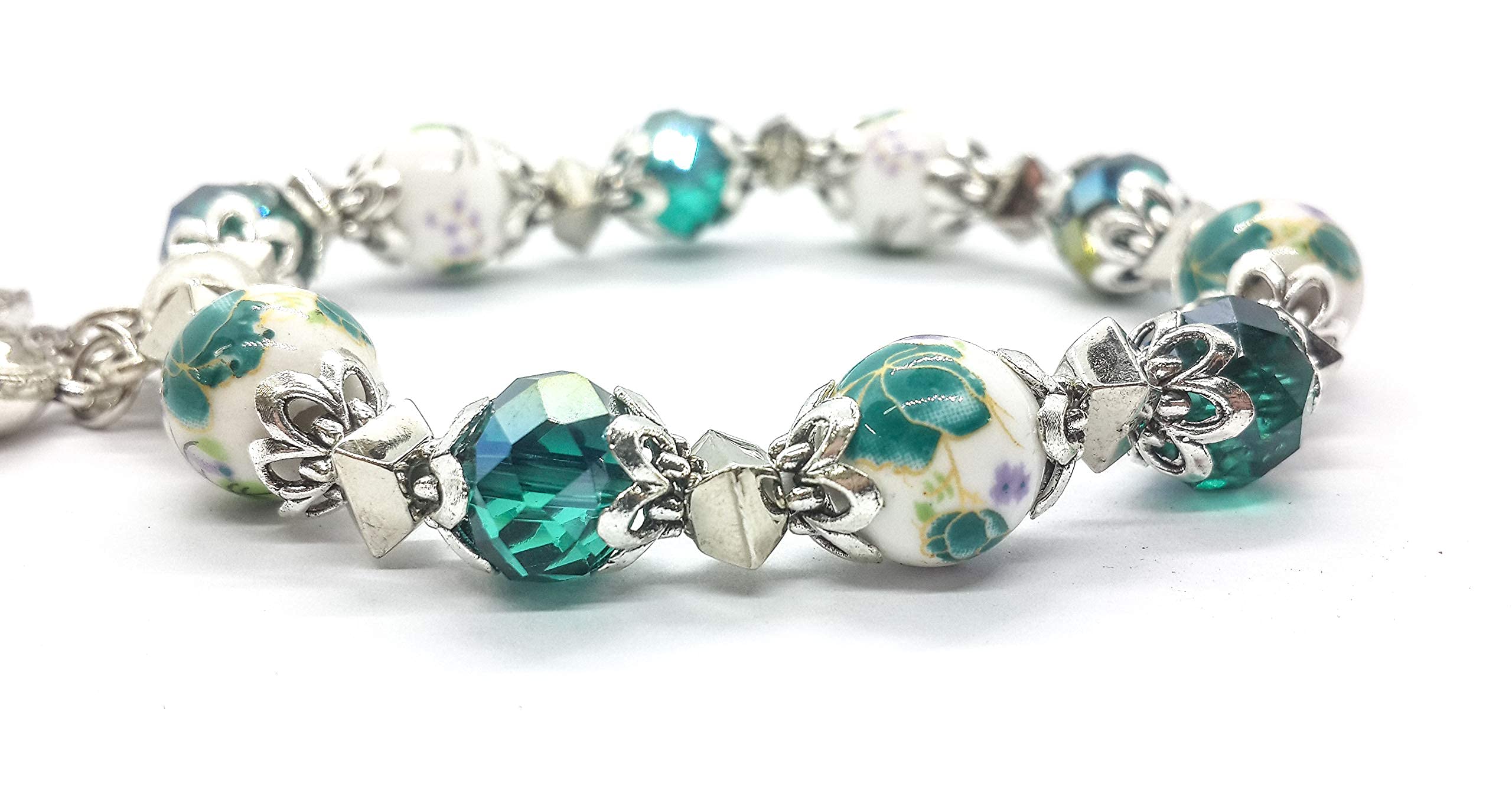 Nazareth Store Handmade Crystallized Glass Beads Cross Bracelet with Ceramic Flower Beads Religious Christian Bangle for Women and Men - Image 6