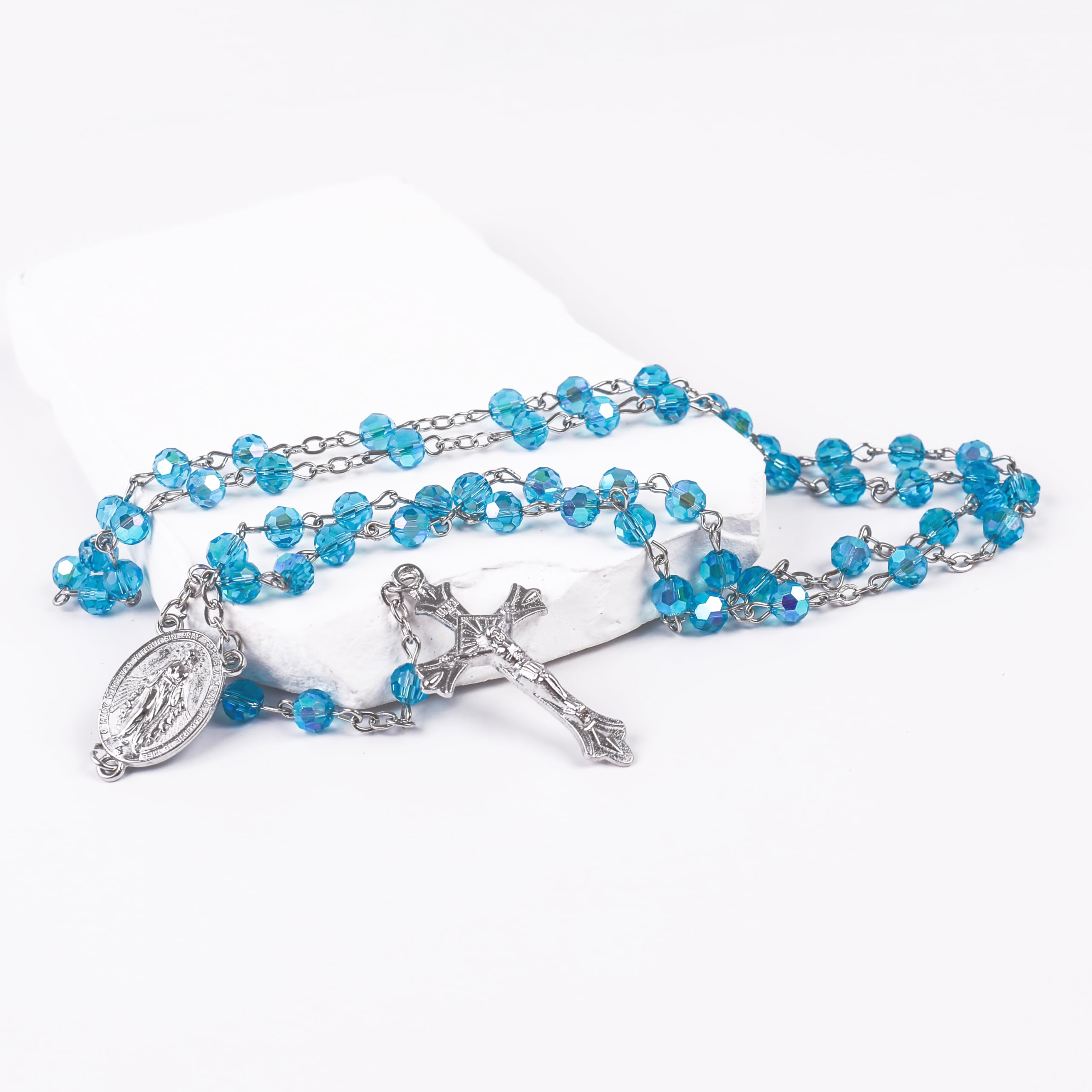 Nazareth Store Light Blue Aquamarine Beads Rosary Necklace Crystallized Communion Rosary with Miraculous Medal & Jesus Cross - Image 5