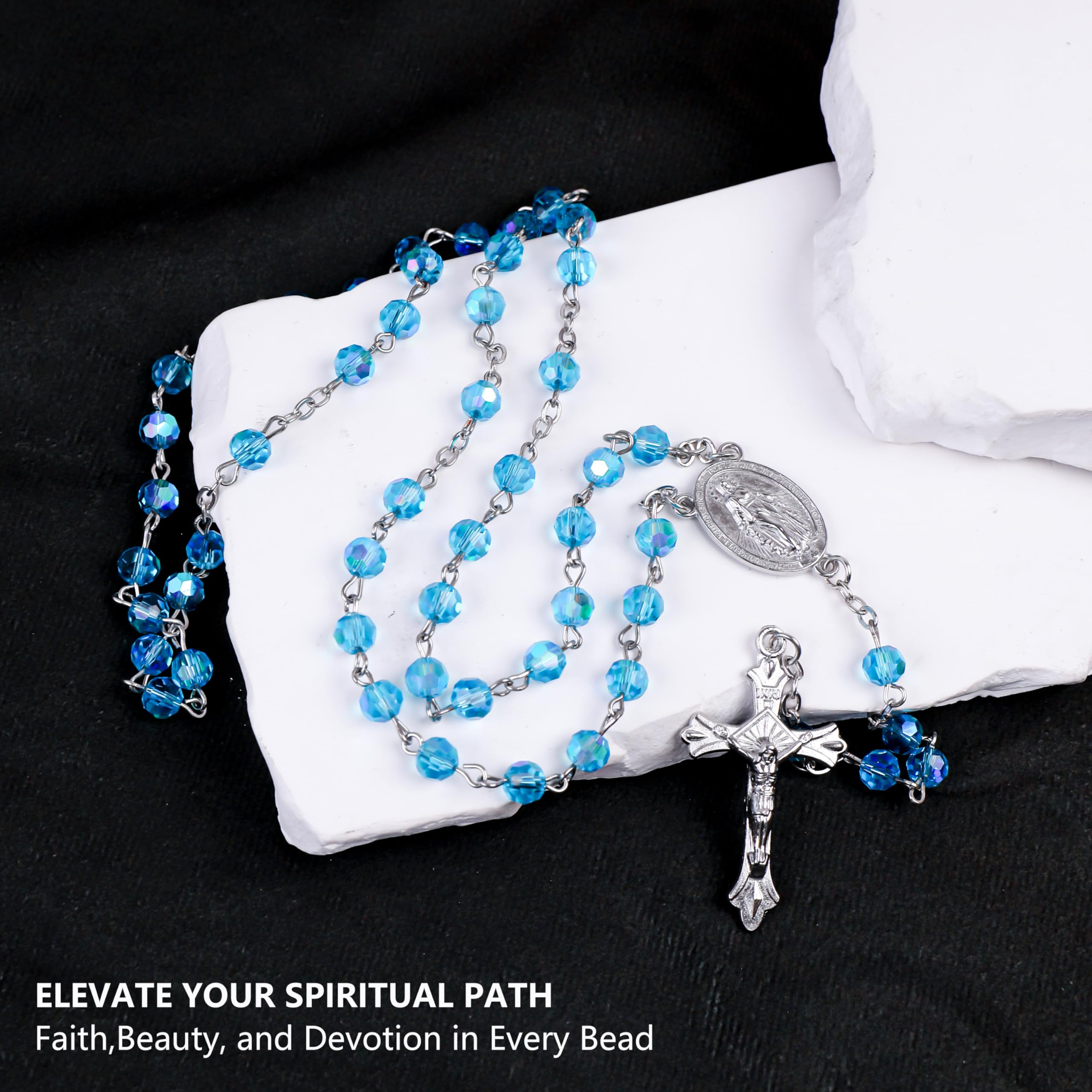 Nazareth Store Light Blue Aquamarine Beads Rosary Necklace Crystallized Communion Rosary with Miraculous Medal & Jesus Cross - Image 6
