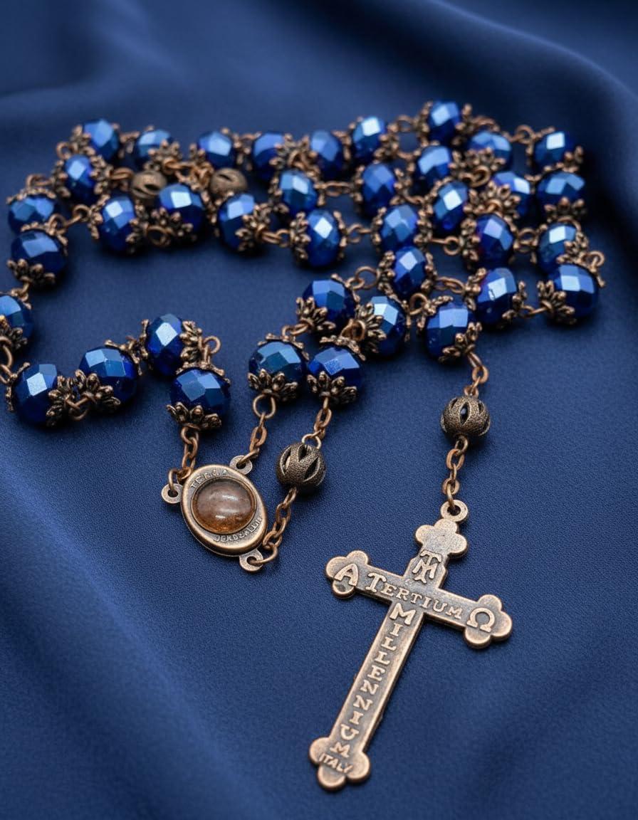Nazareth Store Men’s Deep Blue Crystallized Beads Rosary with Holy Soil Medal and Crucifix Handmade Catholic Prayer Necklace - Image 5