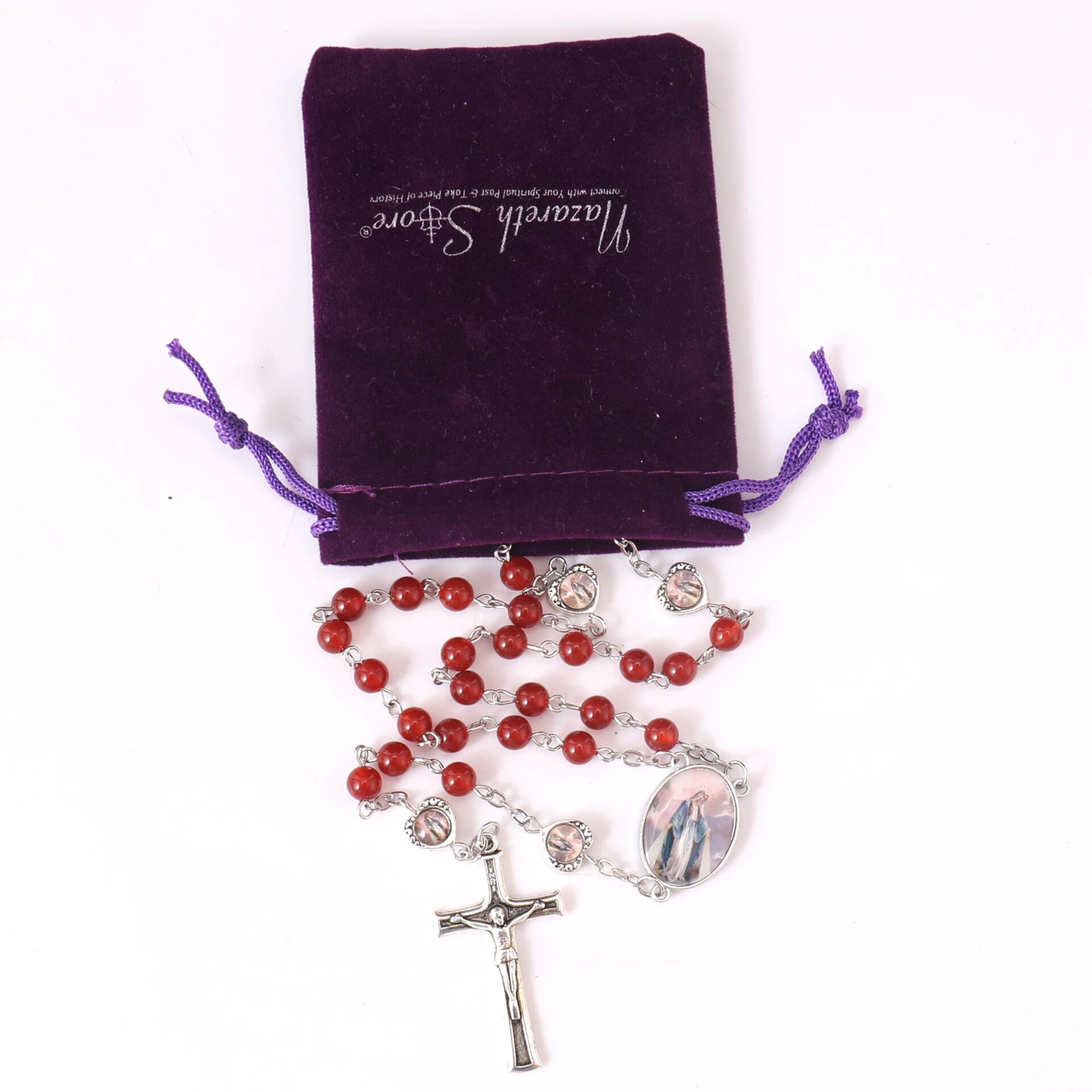 Nazareth Store Natural Stone Beads with Miraculous Epoxy Heart Metal Beads Rosary Necklace Gemstone Christian Gifts - Image 3