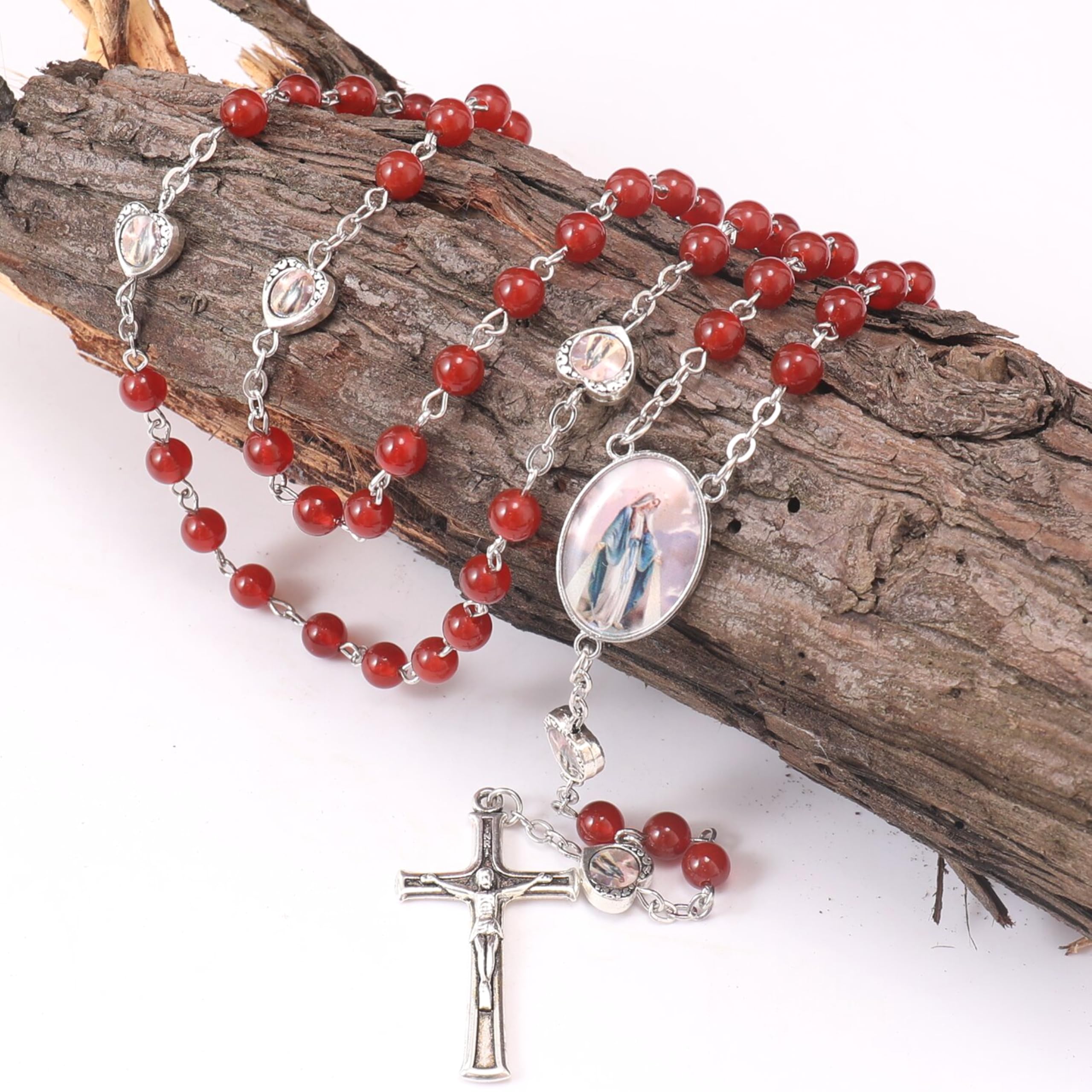 Nazareth Store Natural Stone Beads with Miraculous Epoxy Heart Metal Beads Rosary Necklace Gemstone Christian Gifts - Image 4