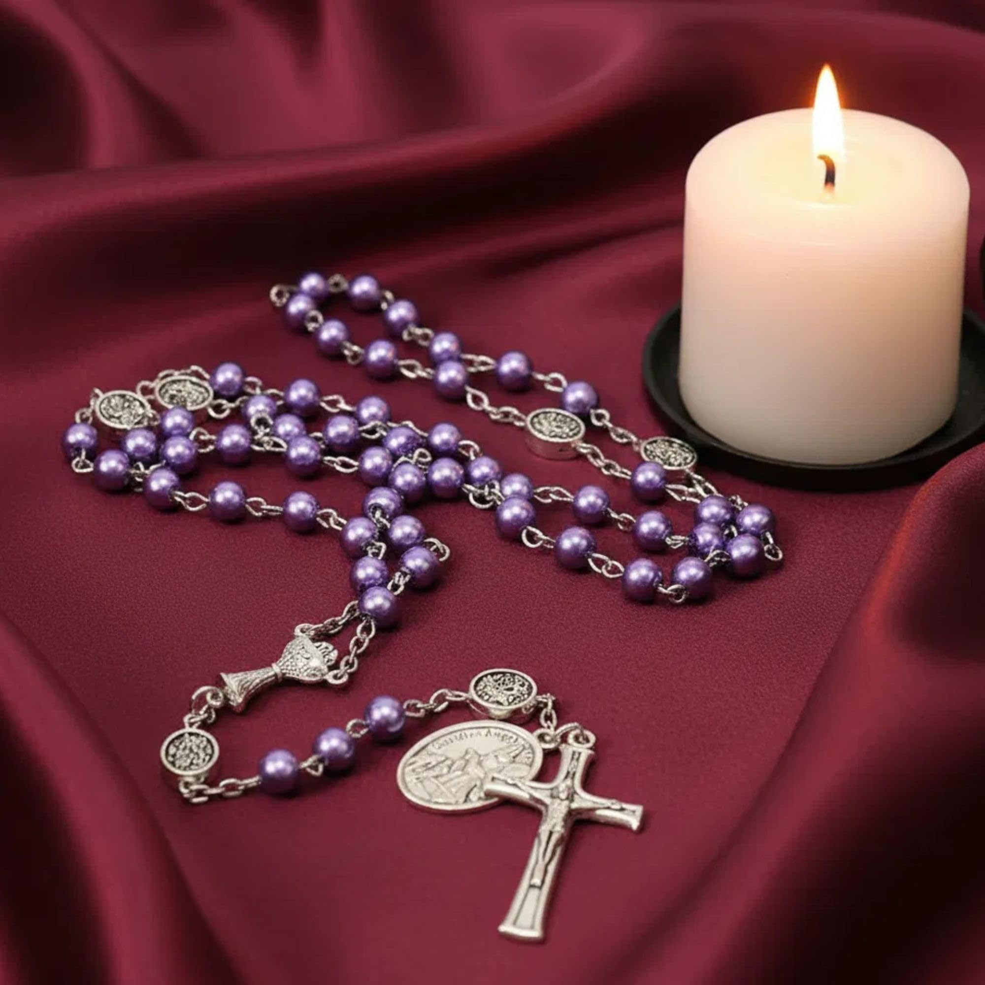 Nazareth Store Pearl 8mm Beads Rosary Necklace Guardian St.Michael Medal & Chalice Centerpiece Holy Communion Rosaries - Image 6