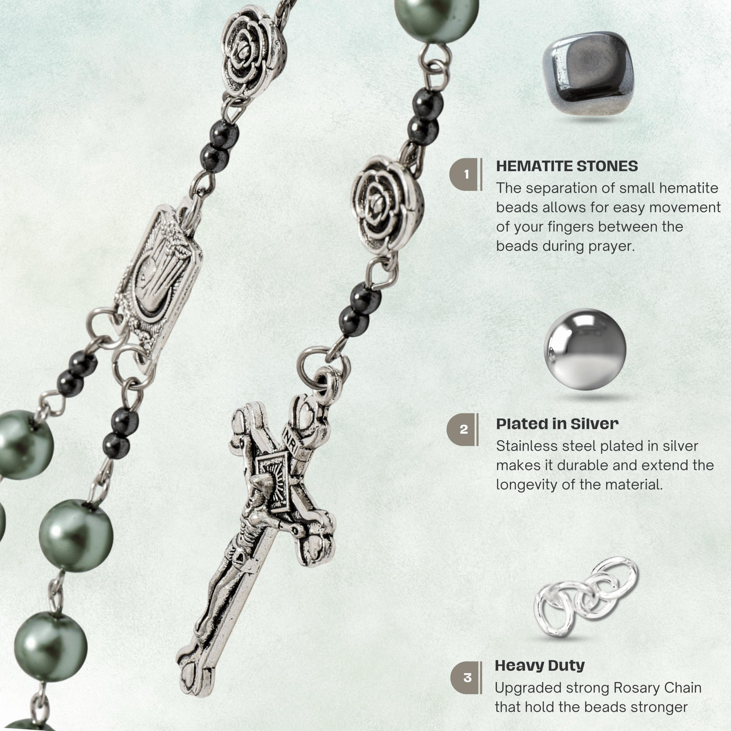 Nazareth Store Pearl Beads Rosary Metal Mystery Roses with Hematite stones, Catholic Rosary Necklace Our Rose Lourdes Medal & Cross Crucifix - Image 4