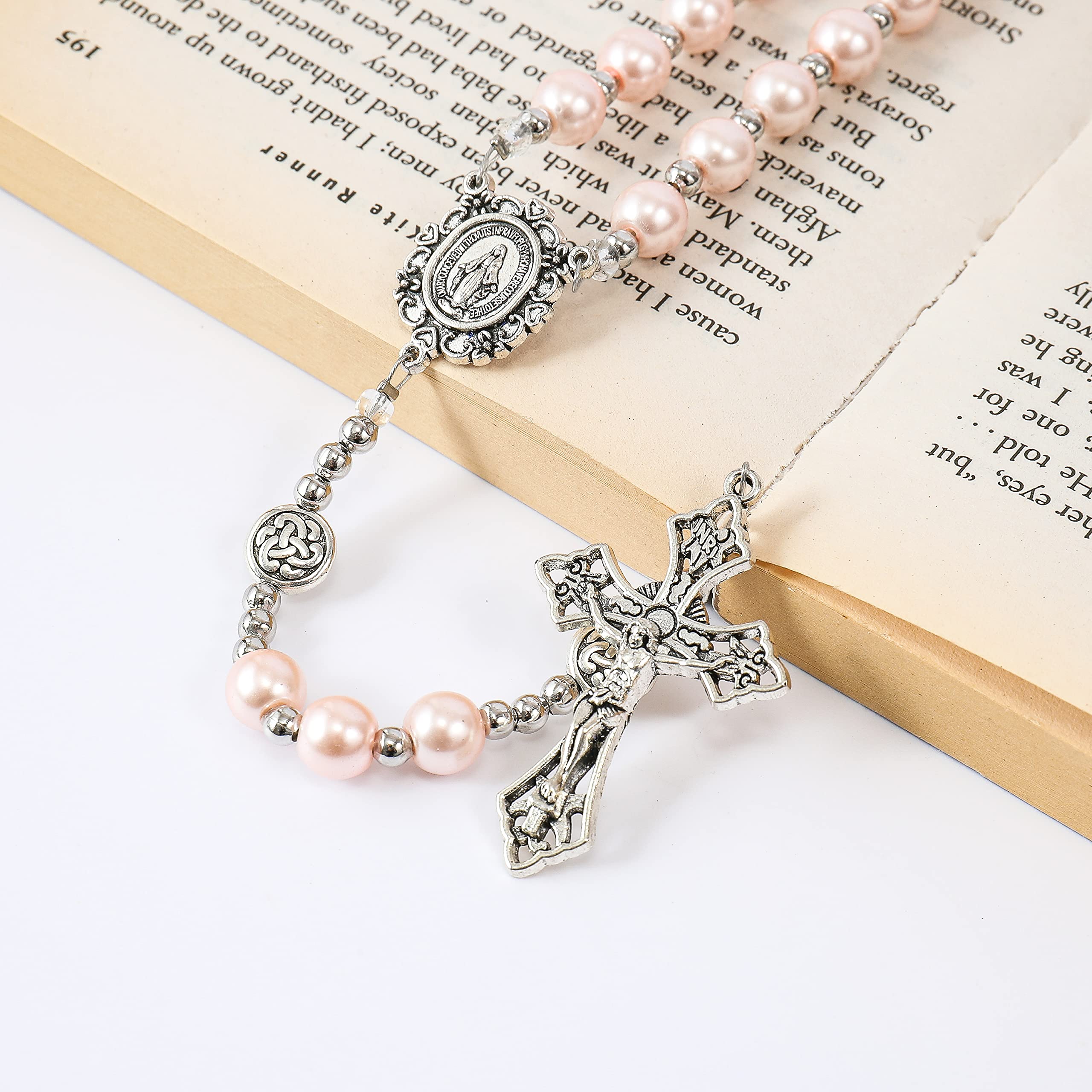 Nazareth Store Pearl Beads Rosary Miraculous Prayer Necklace Strong Metal Mystery Beaded Rosary for Men & Women - Image 5