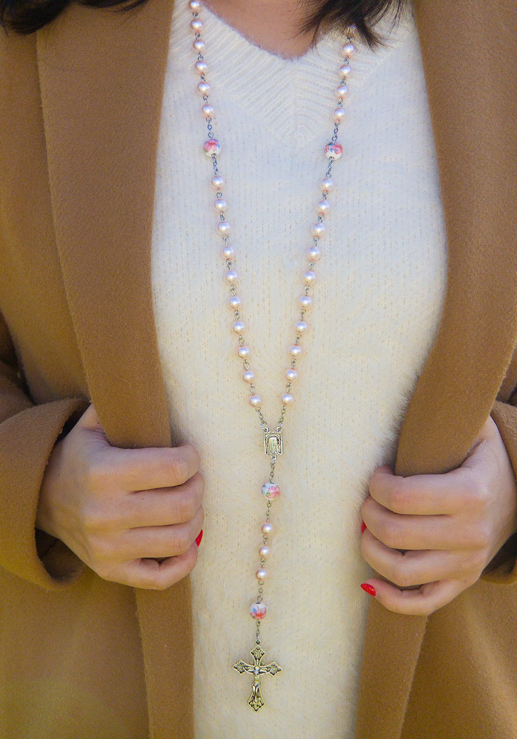 Nazareth Store Pearl Beads Rosary White Flowers Beaded Necklace Lourdes Medal & Cross Crucifix - Image 6