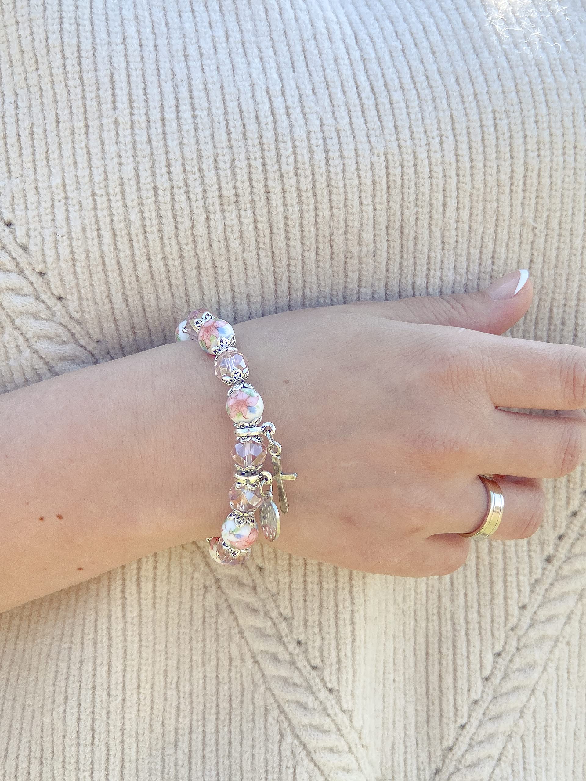 Nazareth Store Religious Cross Bracelet Pink Crystal Beaded Stretch Rosary Bracelet with Ceramic Flowers Beads Bangle Crucifix & Miraculous Medal Charm - Image 4