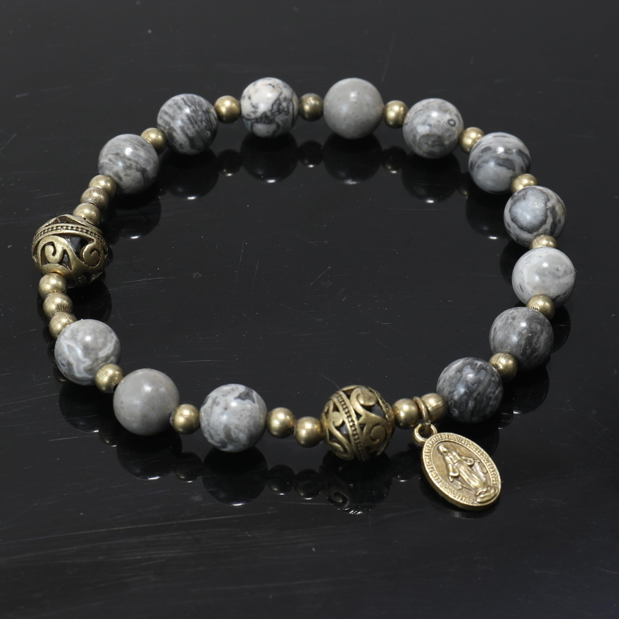 Nazareth Store Stone Beads Rosary Bracelet with Metal Separators and Catholic Medal - Durable and Elegant Wrist Jewelry - Image 3