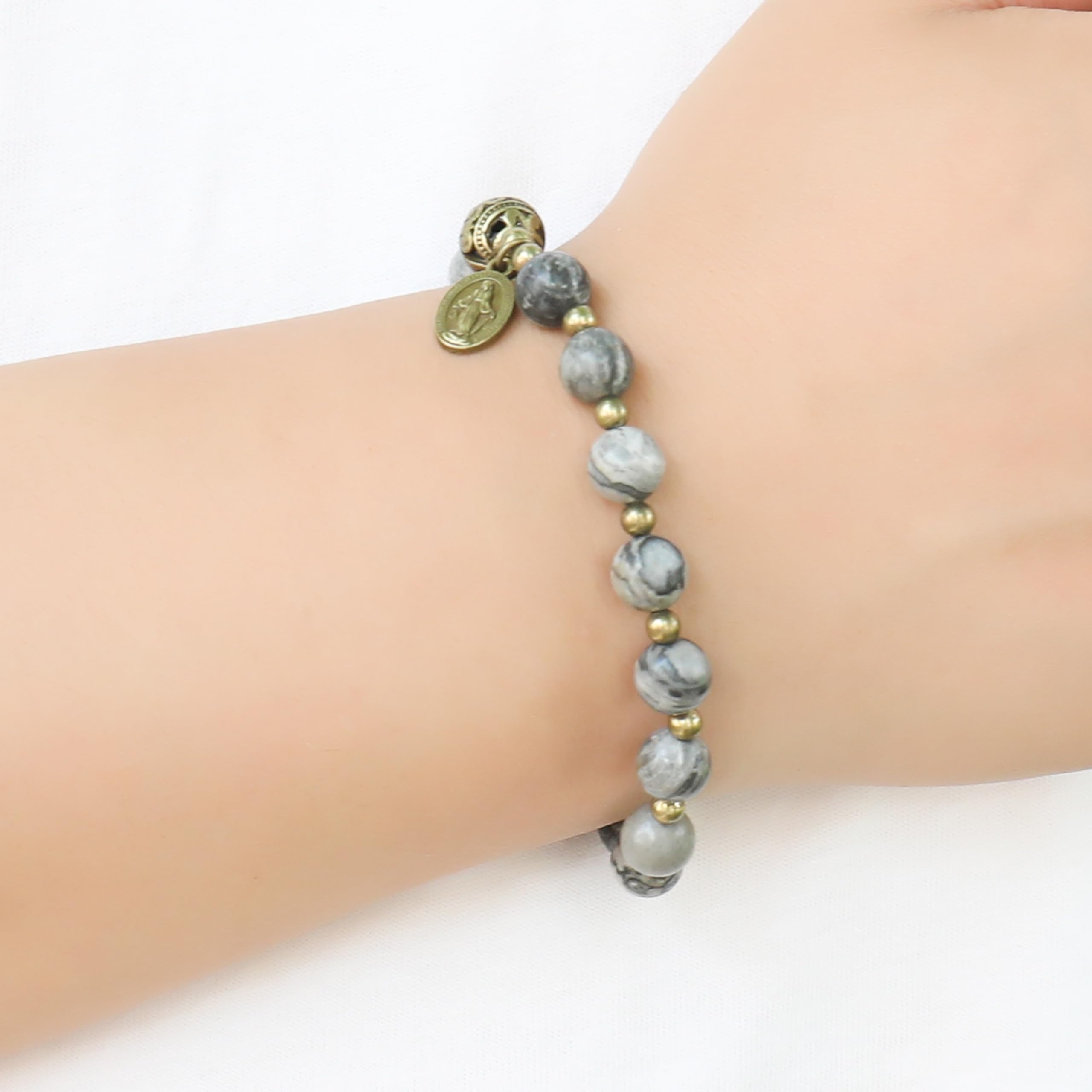 Nazareth Store Stone Beads Rosary Bracelet with Metal Separators and Catholic Medal - Durable and Elegant Wrist Jewelry - Image 4