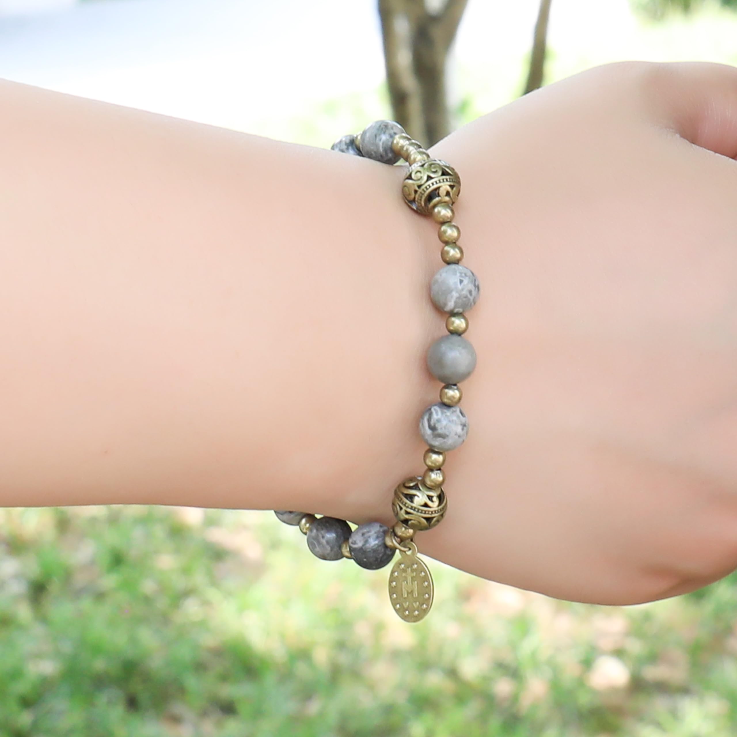 Nazareth Store Stone Beads Rosary Bracelet with Metal Separators and Catholic Medal - Durable and Elegant Wrist Jewelry - Image 6