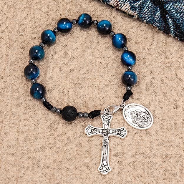 Nazareth Store Tiger Eye Beads One Decade Rosary Handmade Pocket Car Mirror with Saint Joseph Medal and Jesus Cross in Antique Silver Volcanic Stone Travel Friendly Rosary - Image 6