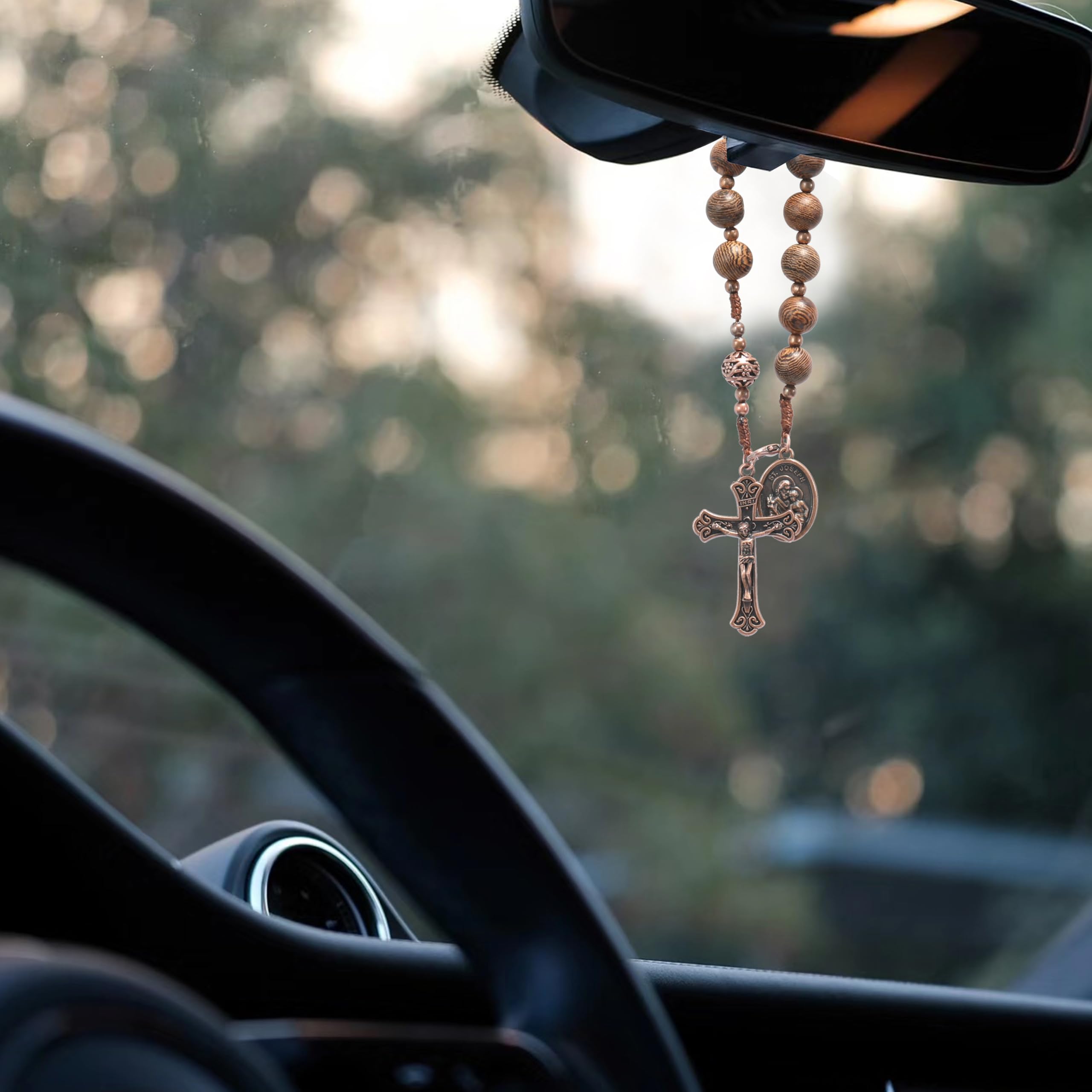 Nazareth Store Wood Beads One Decade Rosary Handmade Pocket Car Mirror with Saint Medal and Jesus Cross in Antique Bronze Wooden Travel Friendly Rosary - Image 7